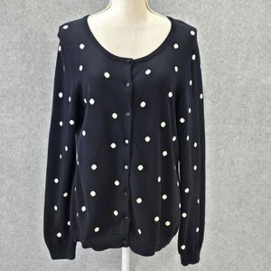 Talbots Women's Large 100% Pima Cotton Black White Polka Dot Cardigan Sweater